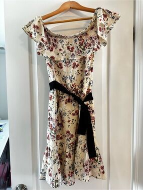 Maje Cream Floral One-Shoulder Dress with Black Waist Tie